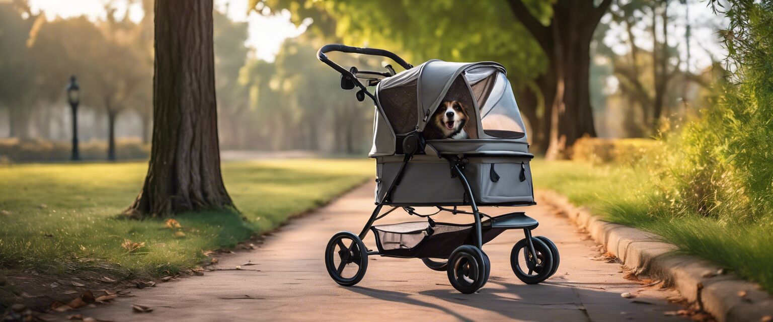 An elegant lightweight dog stroller in a park