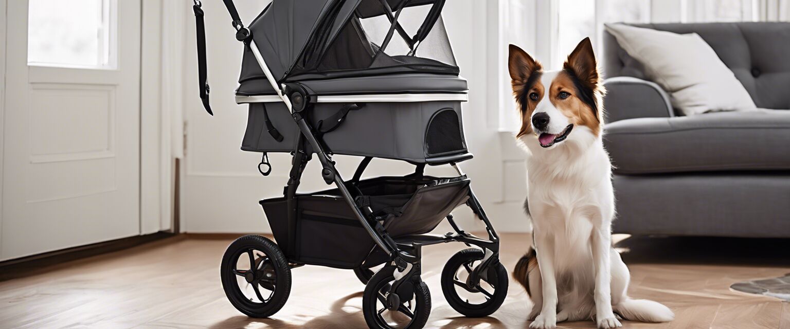A stylish lightweight dog stroller placed in a home setting